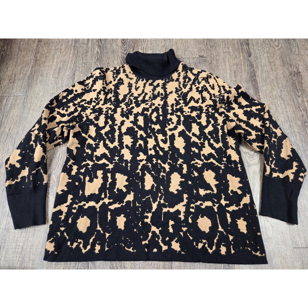 Chico's Animal Print Marbled Beige Black Stretch Neck Turtleneck Sweater 2 - L